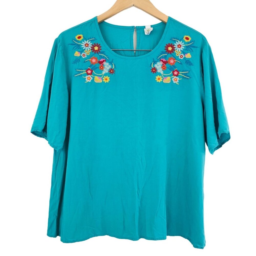 This & That Sz L Turquoise Floral Embroidered Viscose Blouse Boxy Top Boho Summe
